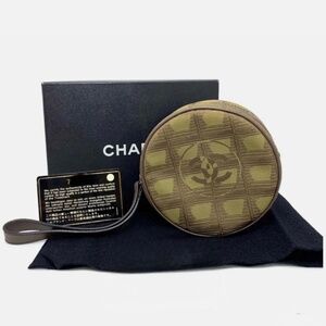 CHANEL Pouch Khaki Green Travel Nylon Leather includes dust bag box and card